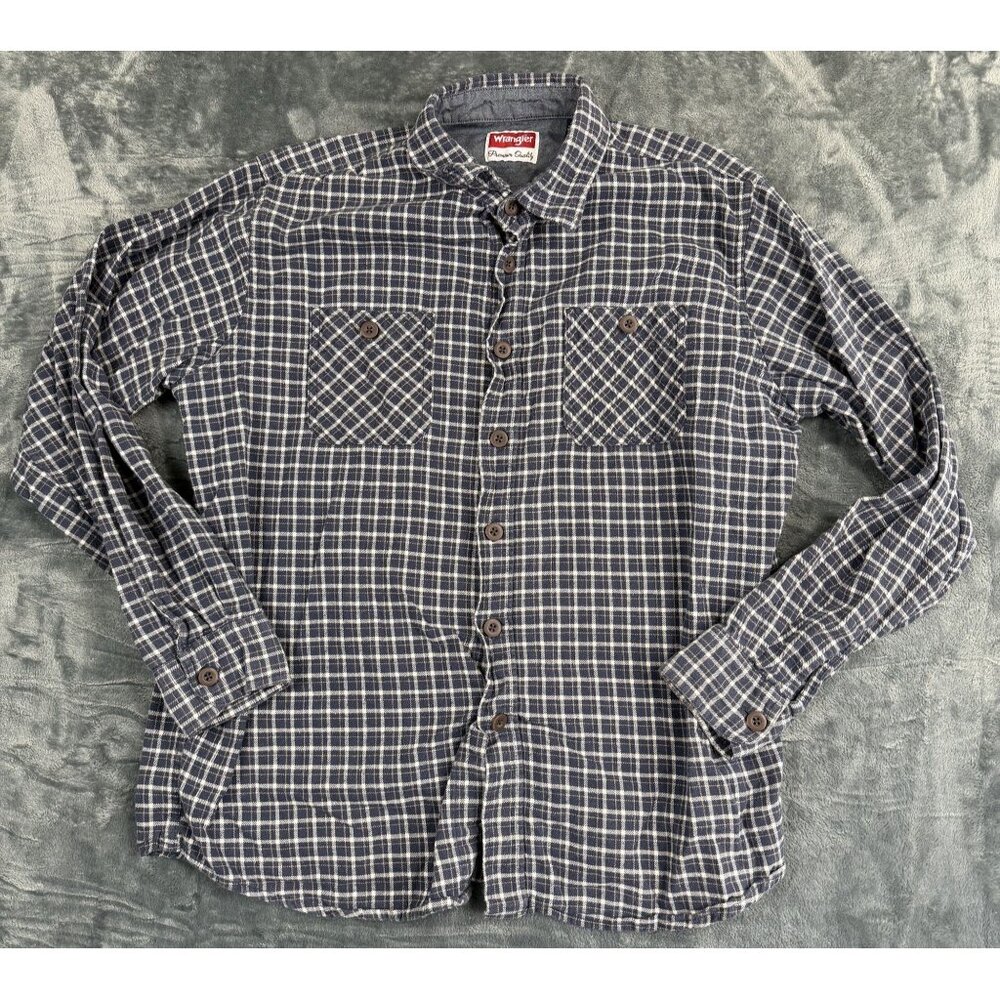 Wrangler Premium Quality Mens Navy White Plaid Button-Up Flannel Shirt Size L